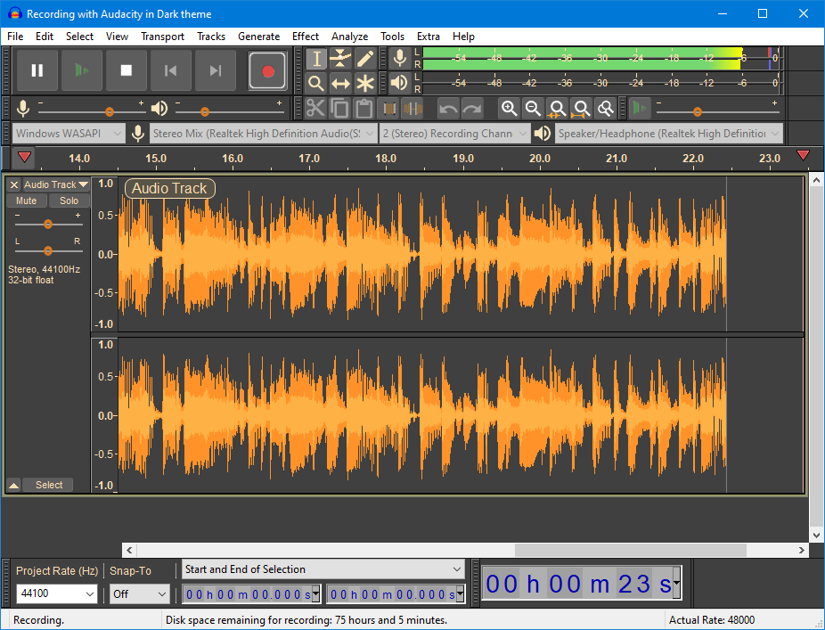 黑色主题的录音界面 Audacity