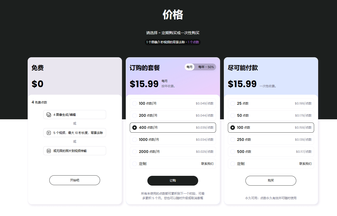 Bgrem AI产品定价计划 Bgrem AI