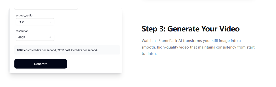 设置视频参数并生成视频截图 FramePack AI